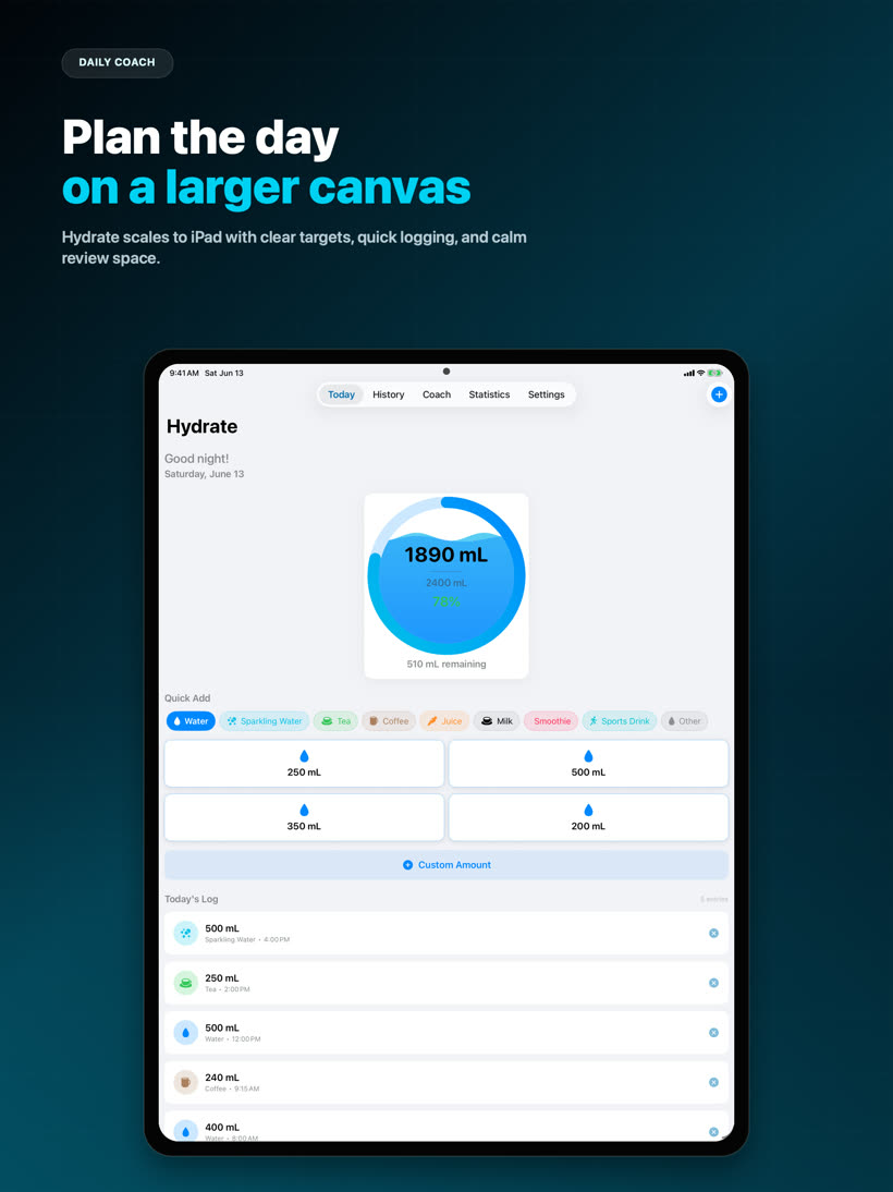 Hydrate running on iPad with daily progress and a larger review layout.