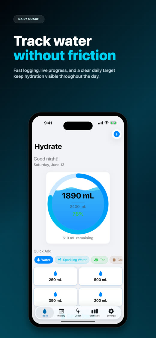 Hydrate Today screen showing daily progress and quick add controls.