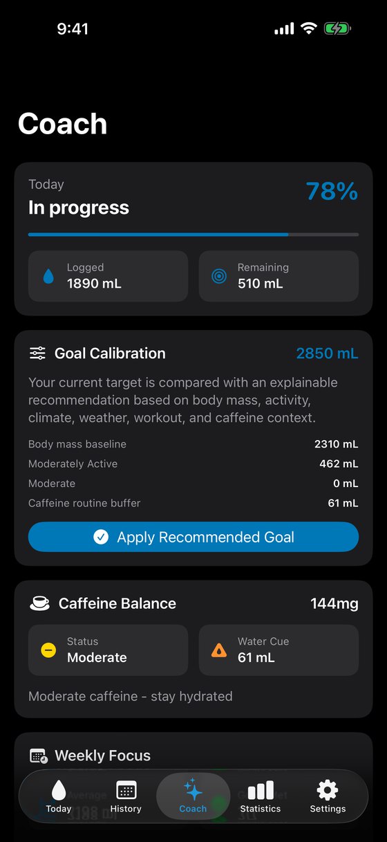 Hydrate Coach screen with goal calibration and caffeine balance.