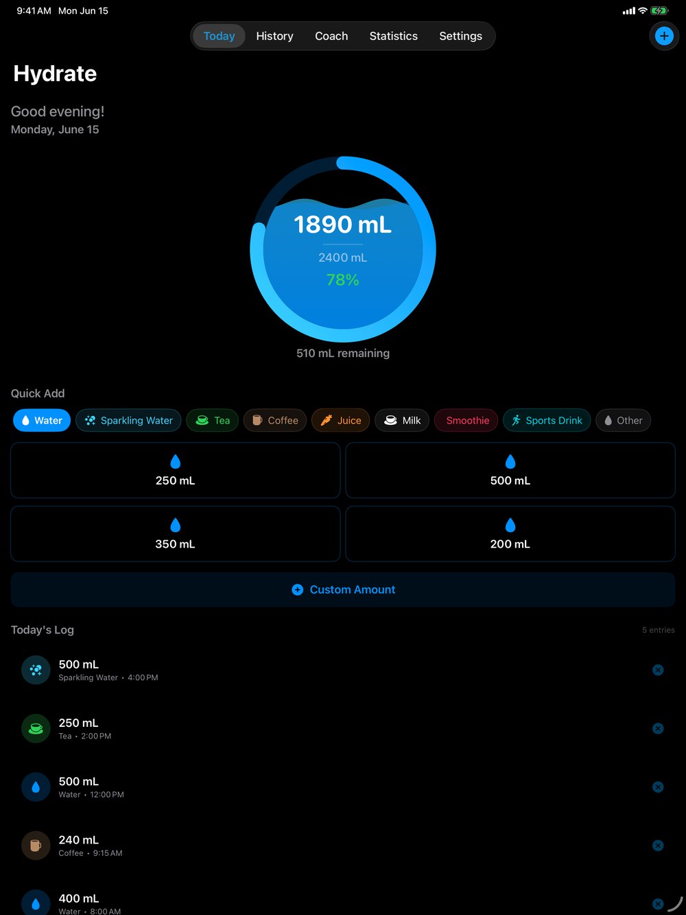 Hydrate running on iPad with daily progress and a larger review layout.
