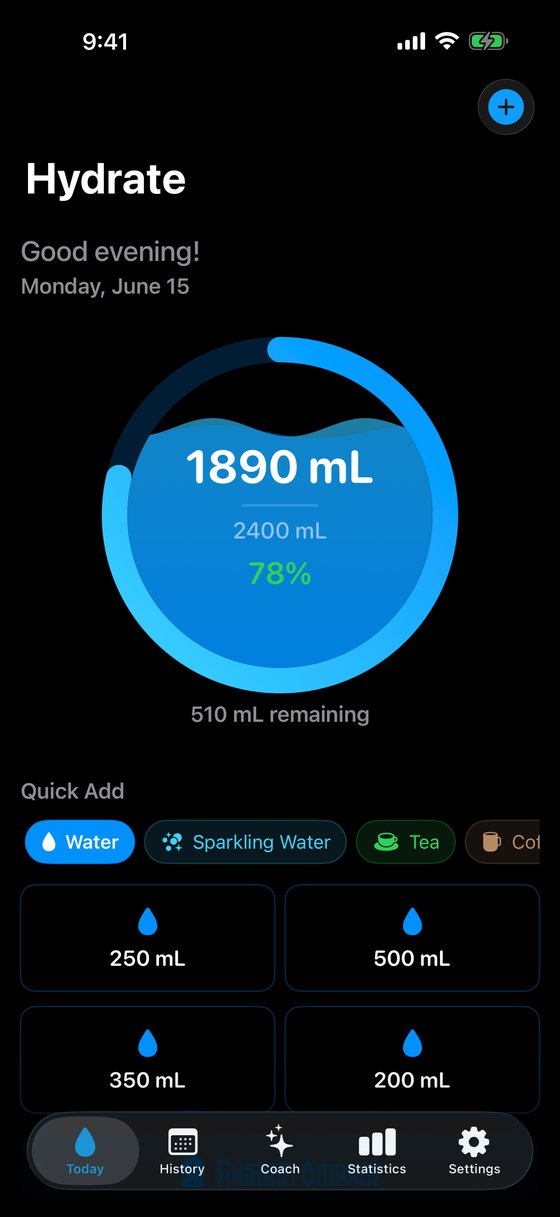 Hydrate Today screen showing daily progress and quick-add controls.